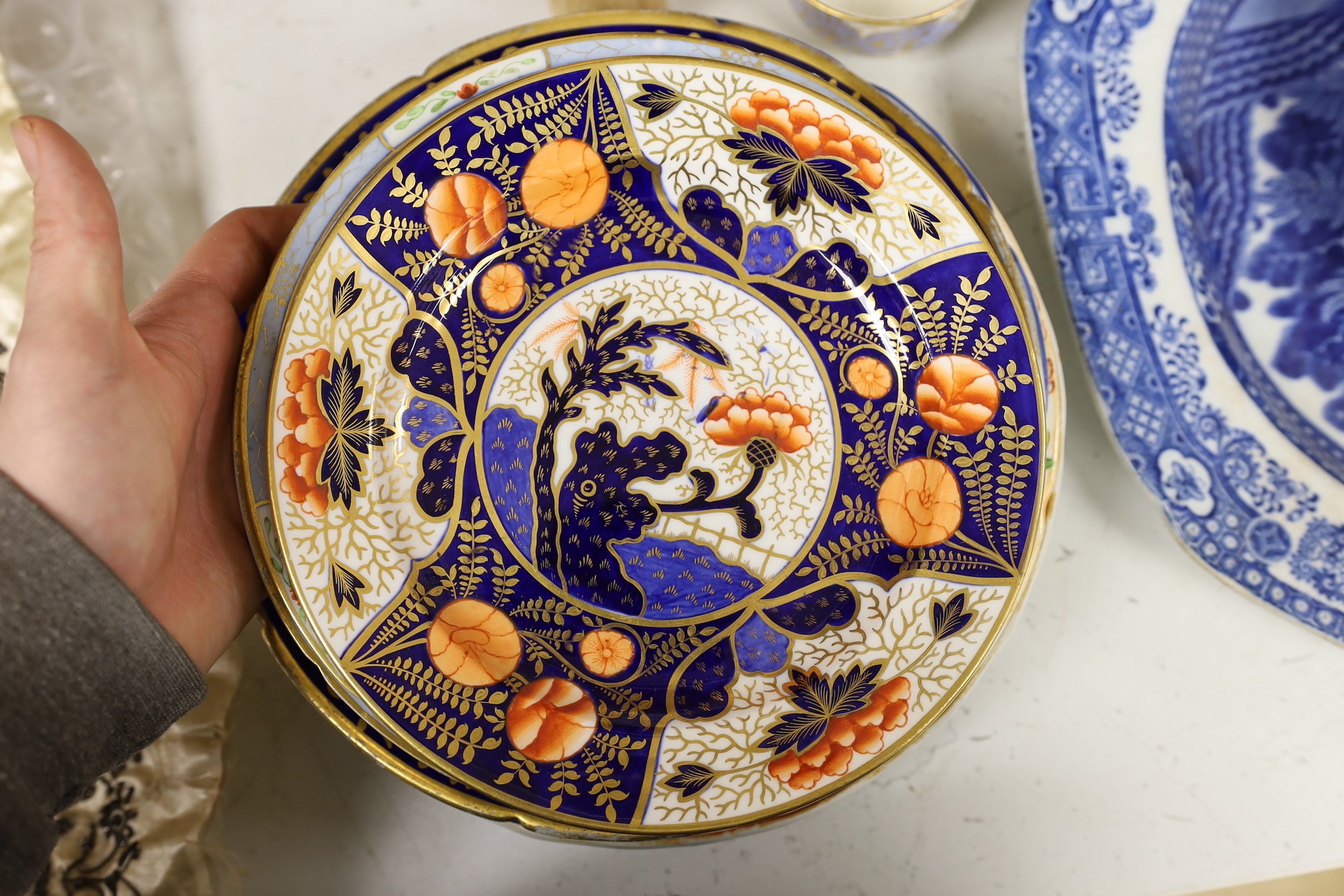 A quantity of late 18th and early 19th century English ceramics including a Spode teapot and a large Austro-Hungarian ceramic tile